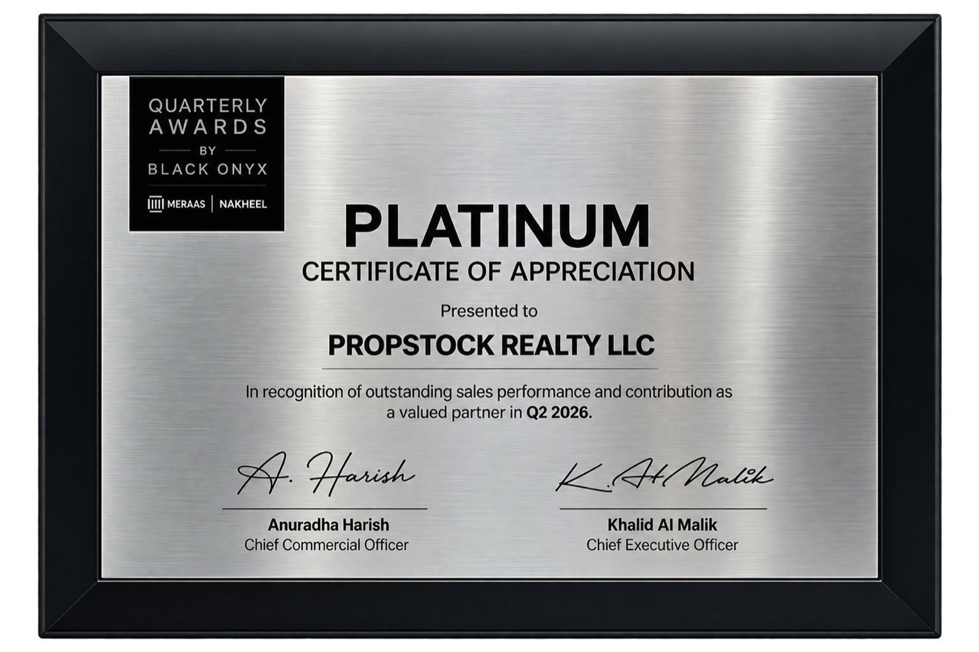 Platinum — Certificate of Appreciation, Q2 2026